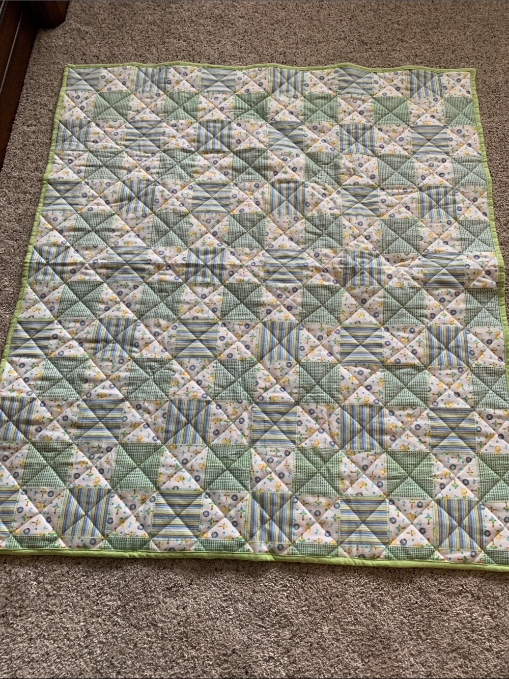 Green Patchwork Baby Quilt - Soft Floral & Stripe Nursery Quilt